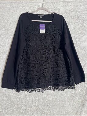 Adrianna Papell Black Lace-Front Long Sleeve Top